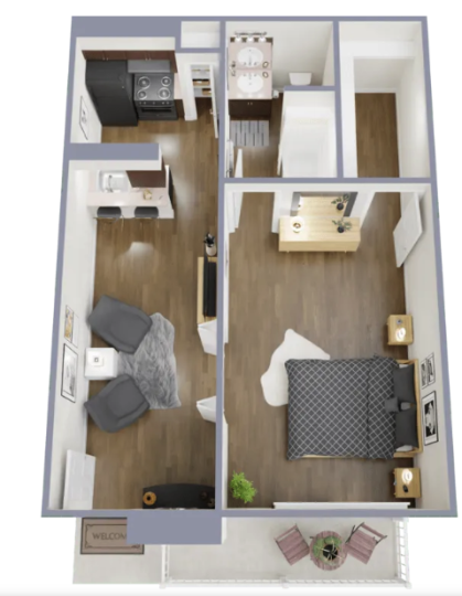 a 3d rendering of a studio apartment at The  Dahlia
