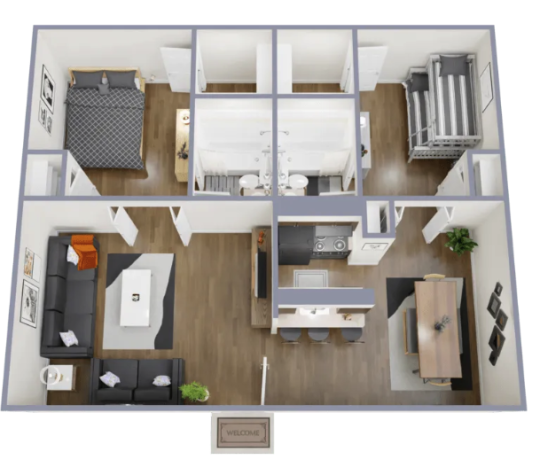 a 3d rendering of a two bedroom apartment at The  Dahlia